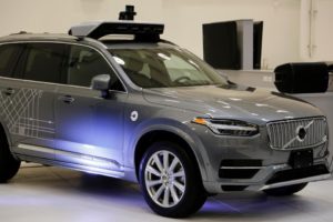 self driving Volvo Uber on display at the companies' Advanced Technologies Center (AP