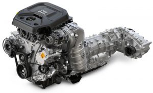 Jeep® Wrangler 4xe powertrain components: 2.0-liter turbocharged I-4 with direct injection; engine-mounted motor generator unit; 8-speed TorqueFlite automatic transmission with integrated motor generator unit; full-time transfer case.